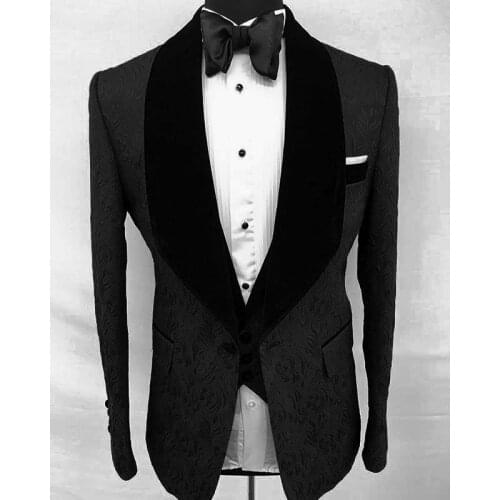 Elegant Groom Dress 3 Pieces 2020 Custom Made Tuxedo Suit Design Black Floral Velvet Lapel Men Suits For Wedding Party Tuxedos