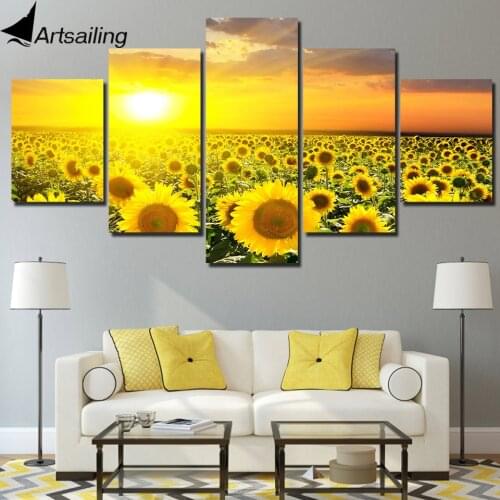 HD Printed 5 Piece Canvas Prints Sunflower Sunset Canvas Painting Golden Flower Field Wall Pictures for Living Room Home Decor