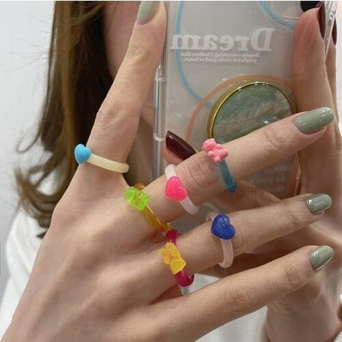 LOVOACC Cute Lovely Contrast Color Love Heart Little Bear Ring for Women Creative Arcylic Index Finger Ring Holiday Jewelry Gift