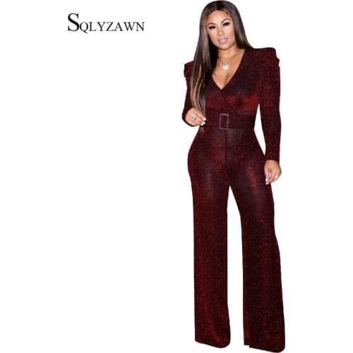 Women V Neck Long Sleeve Palazzo Jumpsuit Vintage Glitter Wide Leg Pants Romper with Belt Sexy Elegant Red Overalls Plus Size