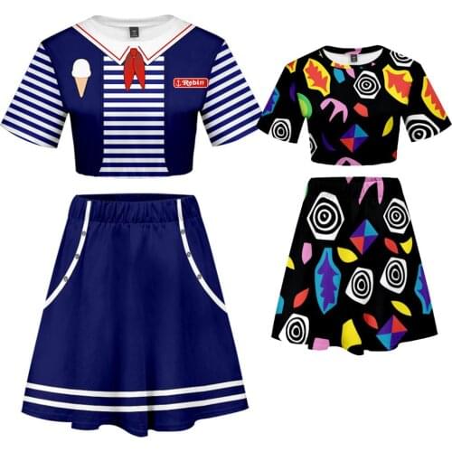 Strange Things Costume Robin Steve Girls Sexy Club outfits Two Piece Set Nancy Wheeler Summer Short Top Skirt L321