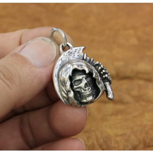 Sickle Death Skull Pendant 925 Sterling Silver Mens Biker Punk Pendant TA53