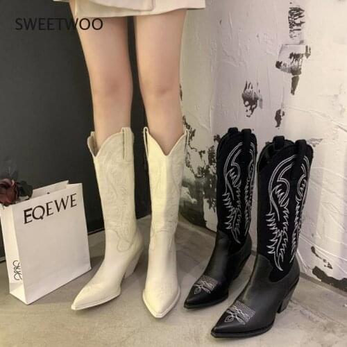 Fashion Embossed Microfiber Leather Women Western Cowboy Boots Women Chunky Boots Wedges