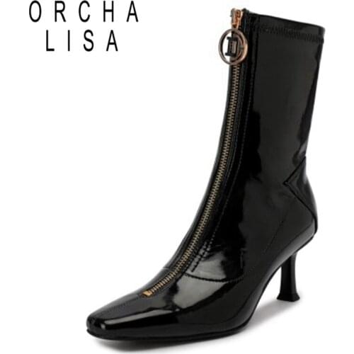 ORCHALISA 2021 Genuine Leather Women boots stiletto heels Pointed toe Ladies shoes Winter solid color Ankle boots Patent leather