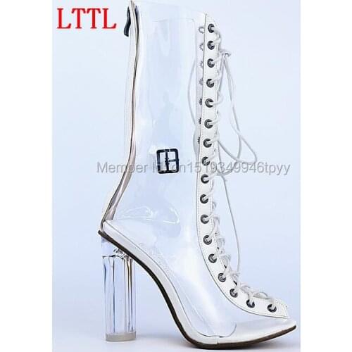 New Arrival Women Transparent Clear Boots Peep Toe Perspex heel Lace-up women rain-boots 11cm ankle boots for women