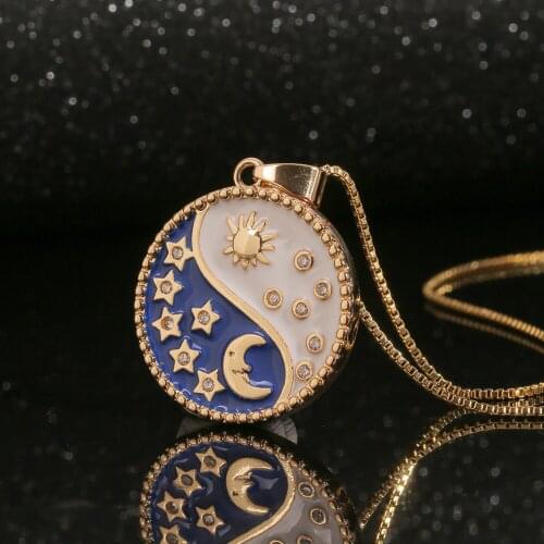 Andshiny Personality Enamel Yin Yang Fish Necklace Sun Star Moon Pendant Vintage Simple Necklace Unisex Box Chain Neck Necklace