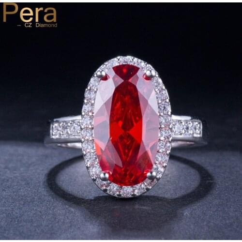 Pera Romantic Women Silver Color Jewelry Accessories For Gift Big Oval Round Shape Red Cubic Zirconia Wedding Finger Rings R082