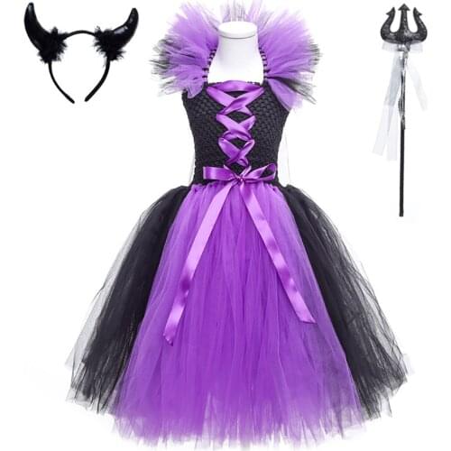 Girls Black Purple Queen Tutu Dress with Horns Halloween Cosplay Witch Costume for Girls Kids Party Dress Children Clothing