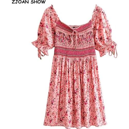 Holiday Wood ears Ruffles Slash Collar Floral Print Pleated Elastic Ruched Women Dress BOHO Puff Sleeve Mini Short Dresses