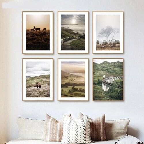 Edale Valley Posters Landscape Canvas Nordic Animal Sheep Herd Cow Deer Wall Art Print Painting Decor Pictures For Home Decor