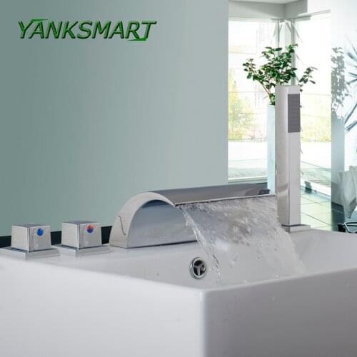 YANKSMART 5 Pcs Waterfall Gutter Bathroom Bathtub Faucet Single Handle Set Cover Valve Handheld Shower Mounted Chrome Finish