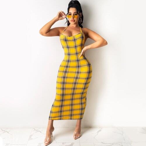 Tie Dye Plaid Floral Print Skinny Maxi Dress for Women Sleeveless Spaghetti Strap Sheath Dress Sexy Clubwear Backless Vestidos