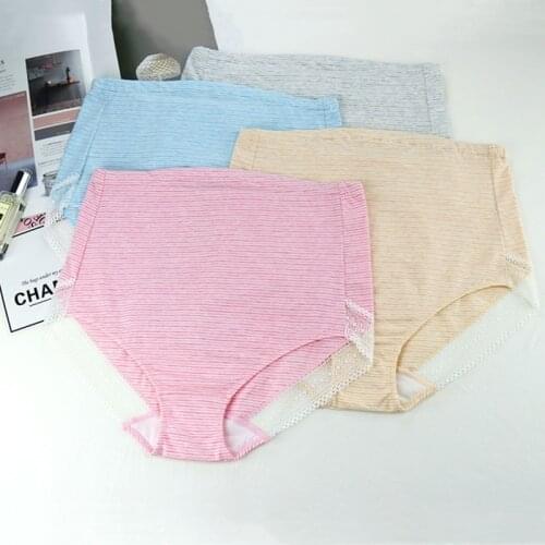 High Quality Cotton Striped Pregnant Womens Briefs High Waist Lace Adjustable Belly Support Maternity Panties