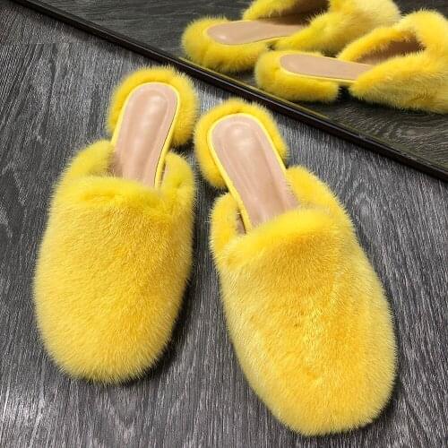 YOLOAgain High Quality 100% Real Mink Fur Slippers Ladies Flat Furry Slides