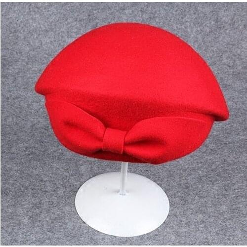 Lady Fedoras Wool Hat Girls Woolen Fedoras Cap Female Fashion Wool Bow Beret Hat Female Vintage Cap Fashion Painter Hat B-8916