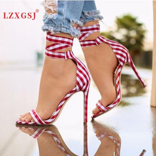 2021 Summer Women Sandals Stripe Open Toe Bowknot Sexy High Heels Ankle Strap Sandals Fashion Plus Size Shoes Female