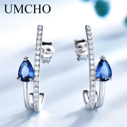 UMCHO Real Silver 925 Jewelry Water Drop Created Nano Blue Sapphire Gemstone Stud Earrings For Women Birthday Gifts Fine Jewelry