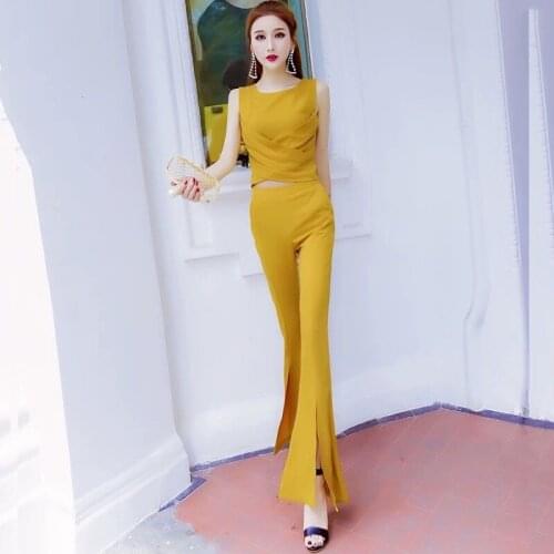Women 2021 Summer Fashion Set Female Pant Suits OL Temperament O-neck Vest + High Waist Flare Pants Elegant Two-piece Suits B23