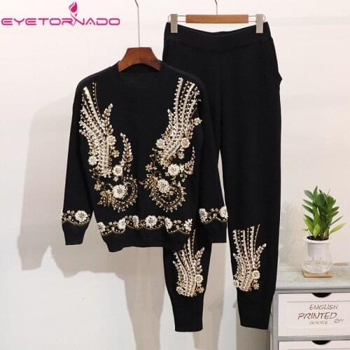 Women 2 Pieces Set Tracksuit Flowers Sequined Pearls Knitted Jumper Top and Trouser Pant Set Winter Casual Sports Outfit E6691