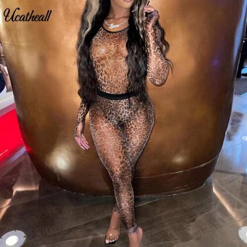 Leopard Print Two Piece Set Tracksuit Women Body Top+Pant Suits Pullover Long Sleeve Femme Mesh Trousers Sets