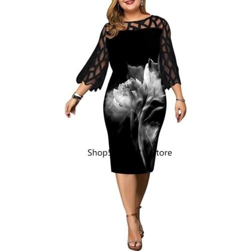 Woman Dress 2021 Spring Casual Plus Size Slim Mesh Patchwork Office Pencil Bodycon Dresses Elegant Sexy Floral Long Party Dress