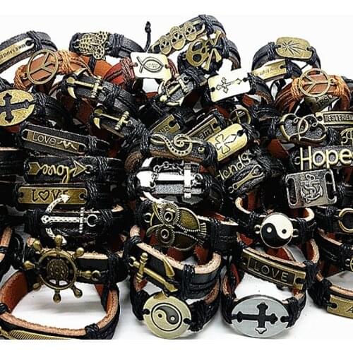 2020 Wholesale lots bulk 30pcs men bracelet leather lot genuine copper alloy cuff black brown bracelets women bangle jewelry
