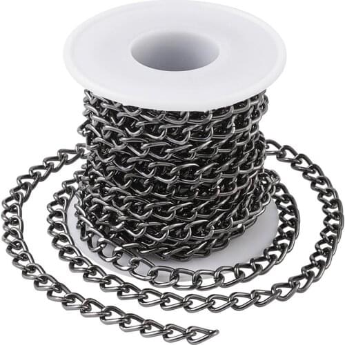 Pandahall 5m/roll Unwelded Aluminium Twisted Curb Chains Cross Chains Links Gunmetal Color with Spool for DIY Jewelry Making