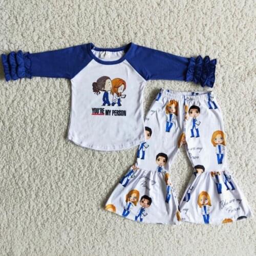 RTS Kids children icing long sleeve top bell bottom pants baby girls fall blue 2pcs wholesale shirt outfits clothing sets