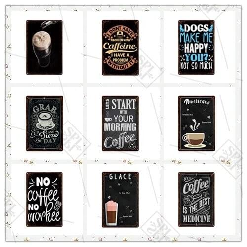 Coffee Shop Wall Retro Decoration Metal Logo Coffee Tin Plate Cafe Bar Club Wall Decoration Black Background Metal Poster Plaque