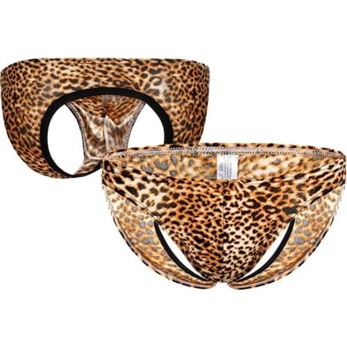 New Design Men Leopard Briefs Backless Tight Lingerie Gay Hollow Out Sexy Thong Summer Underwear
