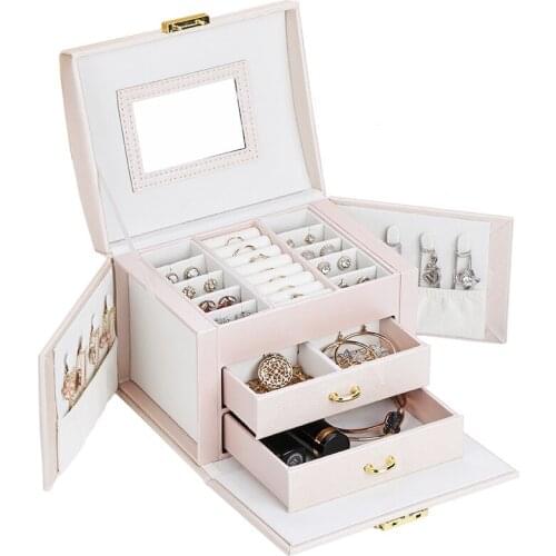3layer PU Jewelry Organizer Box Portable Jewelry Box Storge Cosmetic Earring Bracelet Necklace Rings Box with Makeup Mirror