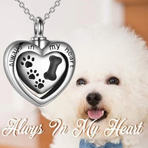 Always in My Heart Pet Paw Dog Bone Cremation Heart Urn Necklace For Dog Ash Jewelry Memorial Keepsake Pendant Jewelry