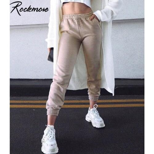 Rockmore 100% Cotton Casual Solid Pants Baggy Sweatpants Trousers Elastic High Waist Pants Workout Sporty Bottom Autumn Winter