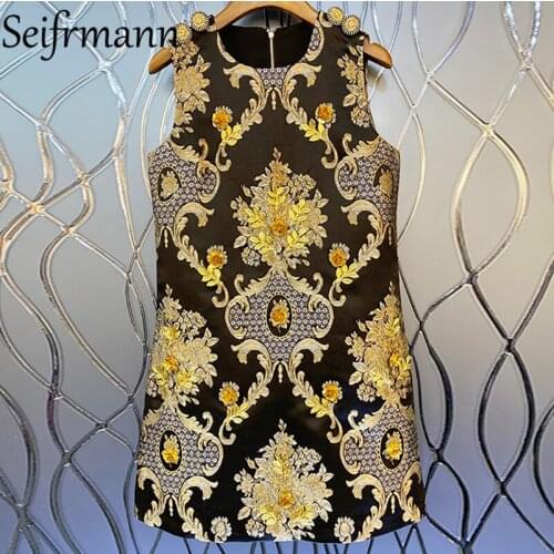 Seifrmann New 2021 Summer Women Fashion Designer Party Mini Dress Sleeveless Gorgeous Beading Vintage Embroidery A-Line Dresses