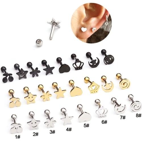 1 pc 100% Stainless Steel Small Crown Moon & Star Heart Stud Earrings Piercing Helix Tragus Conch Rook Earring Jewellery