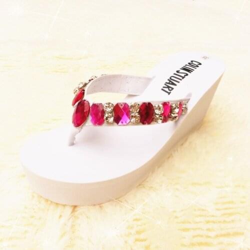 Rhinestone Flip Flops Handmade Sewing Platform Shoes Female Wedged Sandals White Slippers Plus Size 40 Womens Shoes