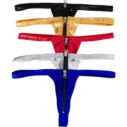 Womens Shiny Leather Zipper Front Thong Underwear T Back Nightwear Solid Color G-string Exotic costume sleepwear for sex