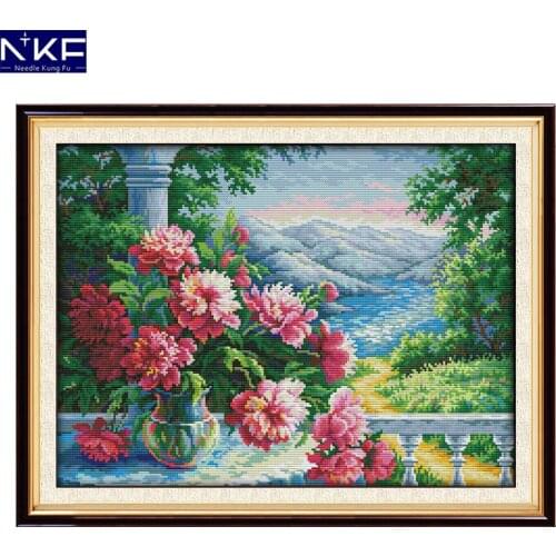 NKF Vase with Distant Mountains Stamped Cross Stitch 11CT14CT DIY Kits Needlework Embroidery Cross Stitch Set for Home Decor