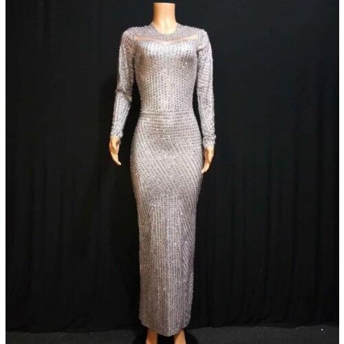 TOP QUALITY Silver Color Diamond Hand-make Long Sleeve Sexy Bodycon Long Dress Glitter Celebrity Red Carpet Dress