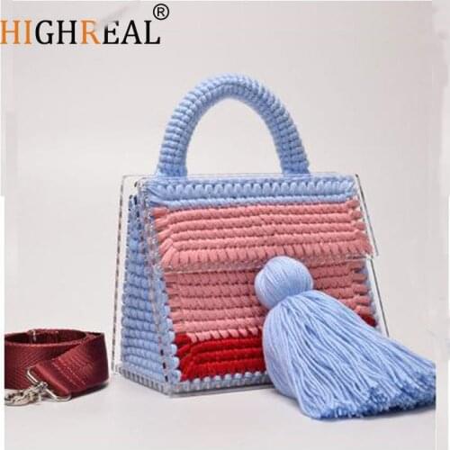 Japan Korea Designer Brand Lady Luxury Handbag Evening Bag Hand-woven Wool Acrylic Transparent Satchel Purses Small Tassel Tote