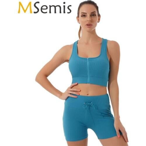 Women Ballet Dancewear Female Zipper Cropped Tank Top with Shorts Set for Gymnastics Ballet Workout Gym Casual Ribbed Tracksuit