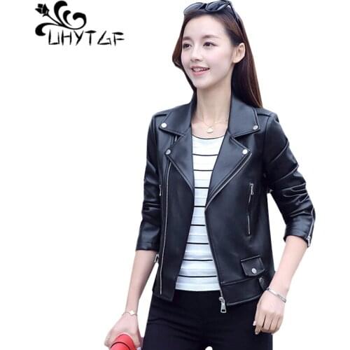 UHYTGF Luxury PU leather spring autumn leather jacket women fashion Women Slim short biker jacket plus size jaqueta de couro 313