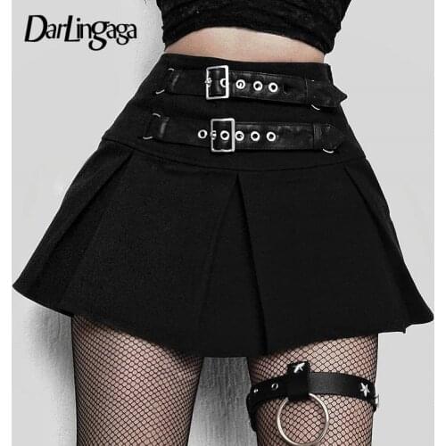 Darlingaga Streetwear Gothic Black Pleated Skirt Buckle Punk Adjustable Mini Skirt Party Hot Summer High Waist Skirts Women 2020