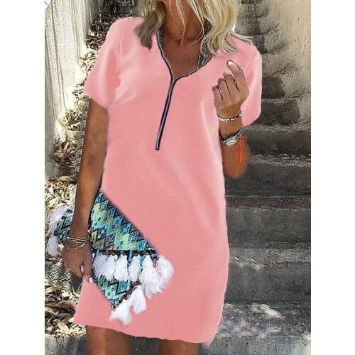 Womens Summer Cool Loose Dress Solid Short Sleeve V-neck Zipper Loose T-shirt Soft Breathable Cotton Vacation Shirt Dress