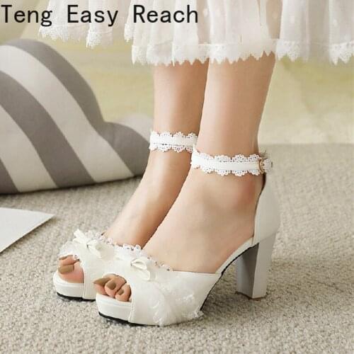 Summer 2021 Ladies Heels Platform Cute Bow Lace Princess Mary Jane Lolita Shoes Party High Heel Buckle Women Sandals Pink white