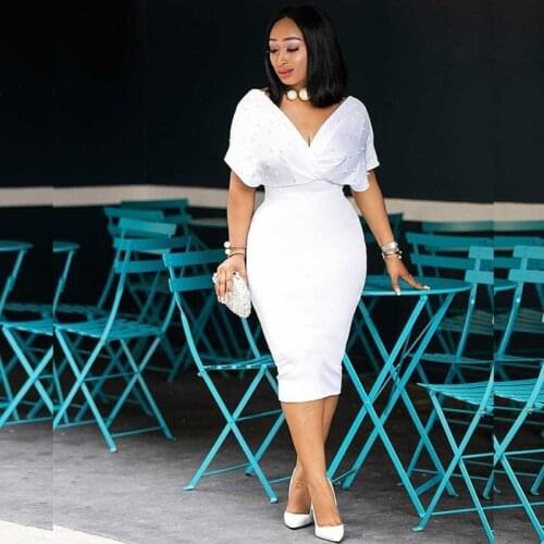 Echoine Summer Fashion Pearl V-neck Wrap Sexy Elegant Midi Dress OL Office Ladies Skinny Bodycon Party Club Dresses Vestidos