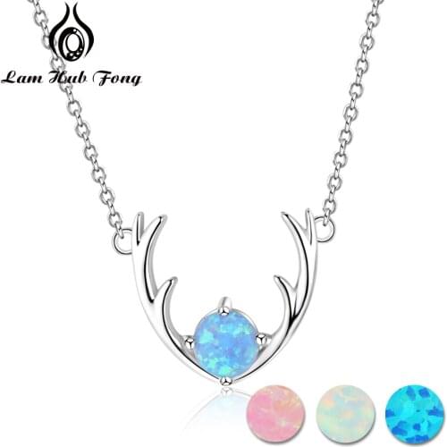 925 Sterling Silver Fine Jewelry Elk Deer Antlers Shape Necklace With Blue Opal Necklaces & Pendants For Women (Lam Hub Fong)