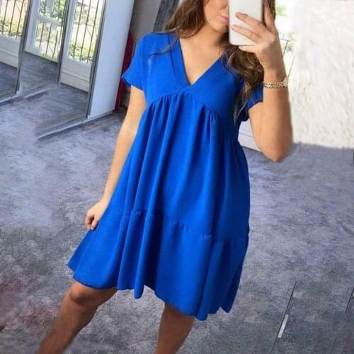 Fashion Womens Summer V Neck Dress Casual Loose Folds Ruffled Solid Color Black And White Big Swing Short Sleeved Dresses 2021