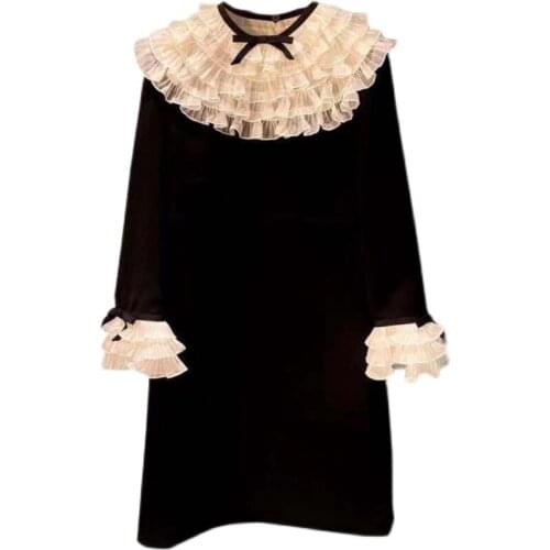 French style elegant black white Organza stitching dress women flare sleeve slin a-line party dress
