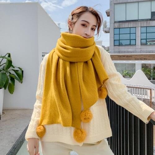 Nieuwe Warme Winter Dikke Sjaal Vrouwen Pom Konijn Bal Bont Wol Kasjmier Pashmina Solid color Lady Shawl Wrap Deken Grote stole
